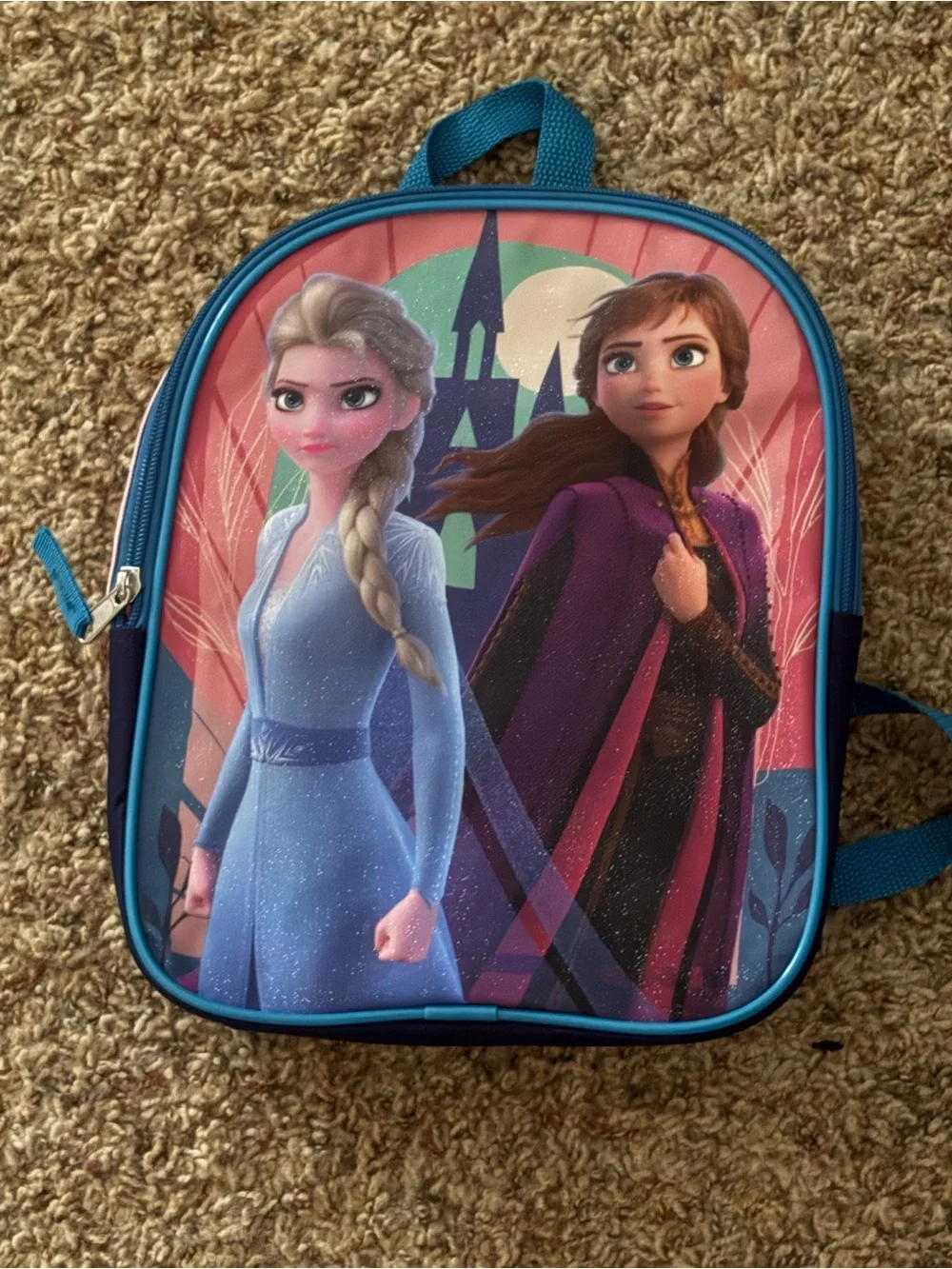 Kids Blue & Pink Frozen-Themed Backpack with Elsa and Anna Artwork